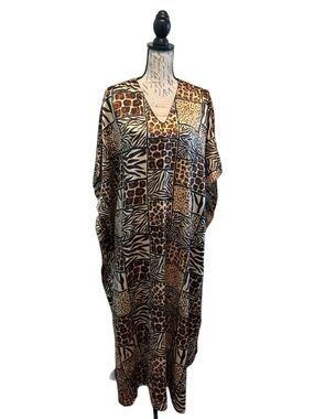 Animal Print V-Neck Caftan Swim Cover-Up - Brown Multi